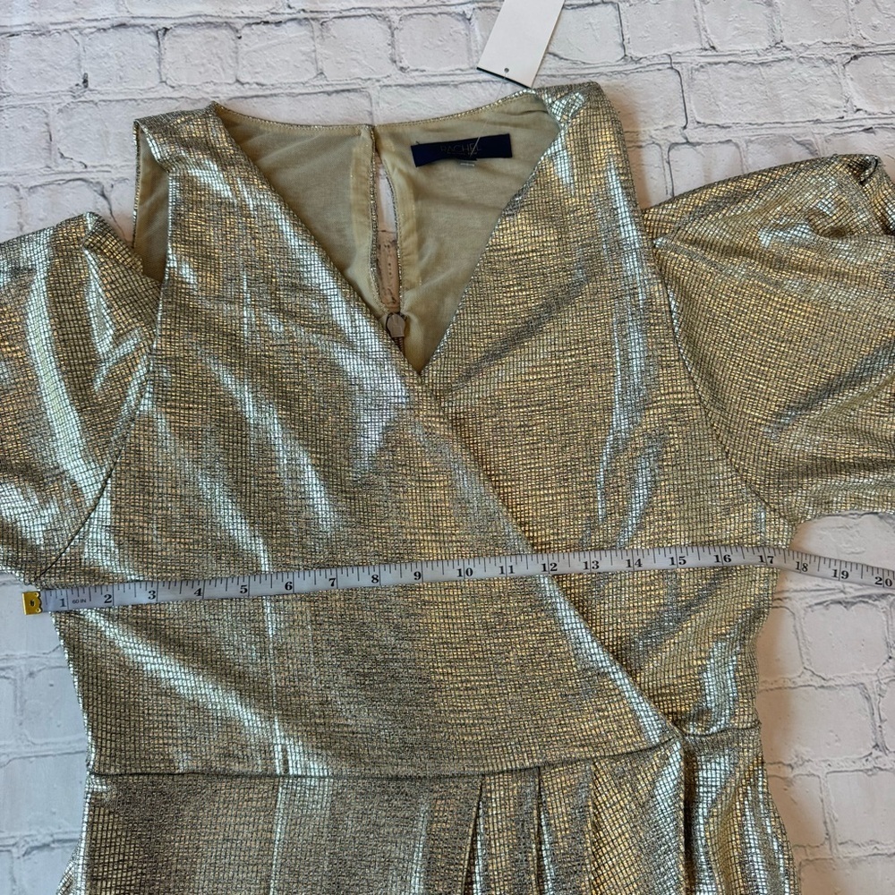 NWT RACHEL Rachel Roy Gold Metallic Off The Shoulder Draped Sleeve Midi Dress L - Picture 9 of 15
